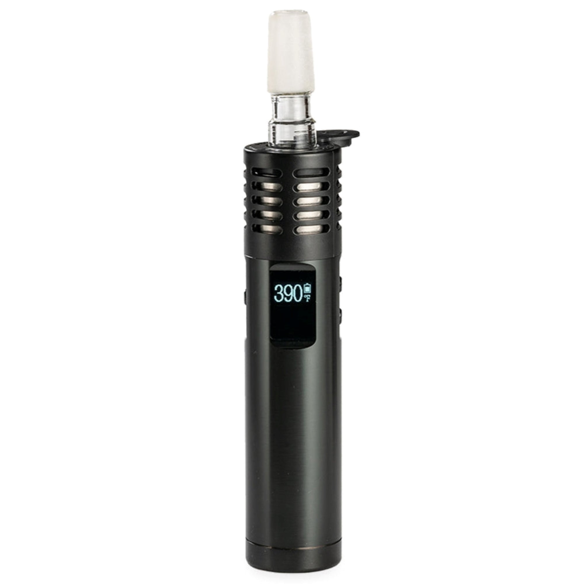 a black electronic device with a white light on top of it