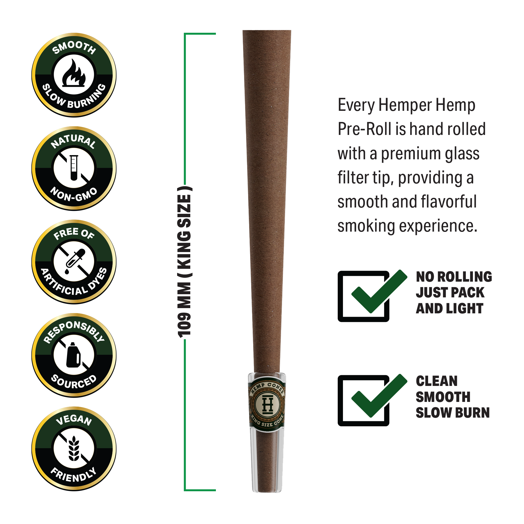Pre-Rolled 2PK King Size Glass Tipped Hemp Cones| 12ct Display